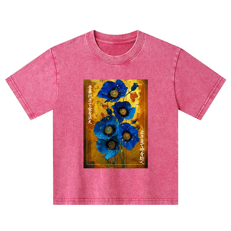Kyoto-Lion Shiny Blue Flower Warm Golden Background Kids Washed T-Shirt