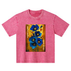 Kyoto-Lion Shiny Blue Flower Warm Golden Background Kids Washed T-Shirt