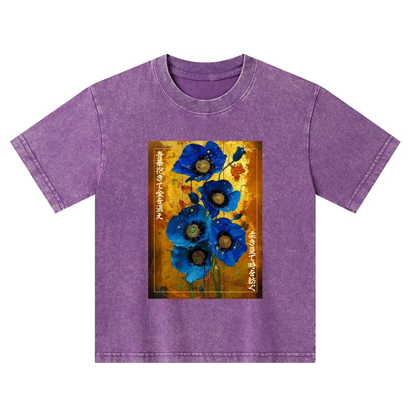 Kyoto-Lion Shiny Blue Flower Warm Golden Background Kids Washed T-Shirt