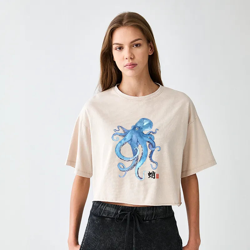Kyoto-Lion Watercolor Blue Octopus Women's Washed Crop T-Shirt