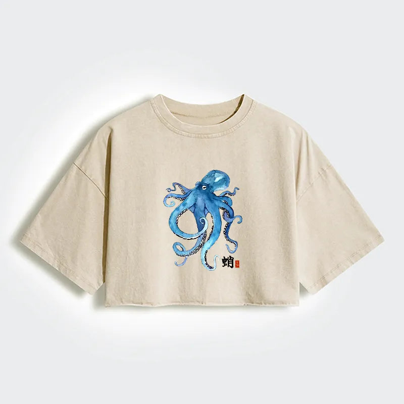 Kyoto-Lion Watercolor Blue Octopus Women's Washed Crop T-Shirt