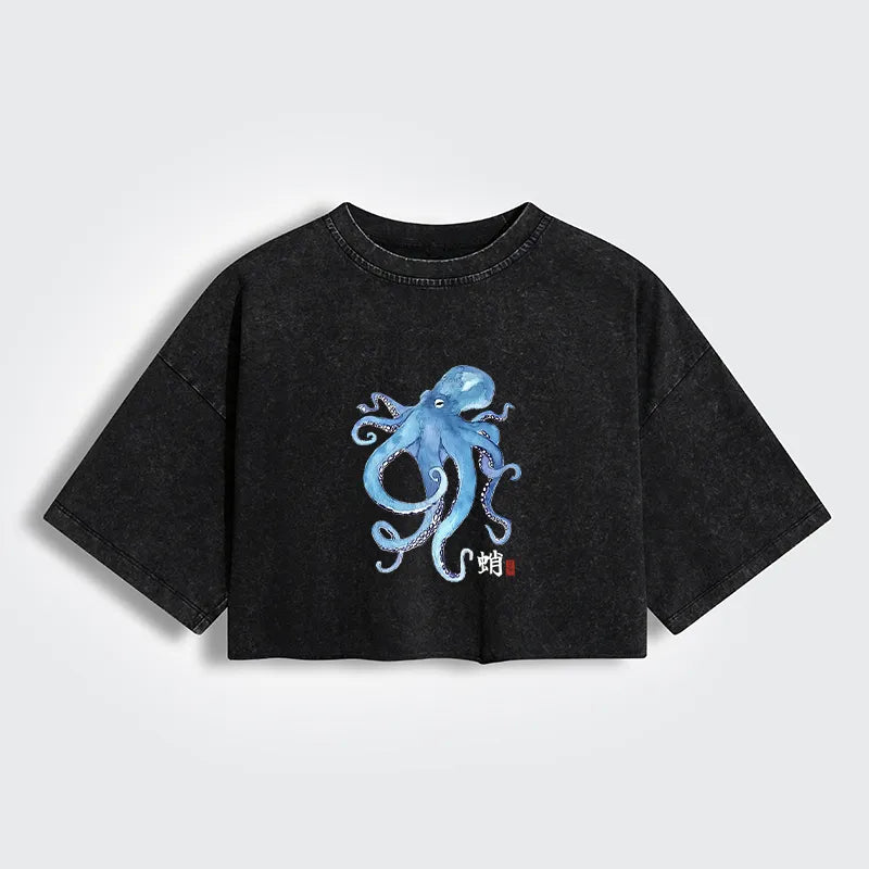 Kyoto-Lion Watercolor Blue Octopus Women's Washed Crop T-Shirt