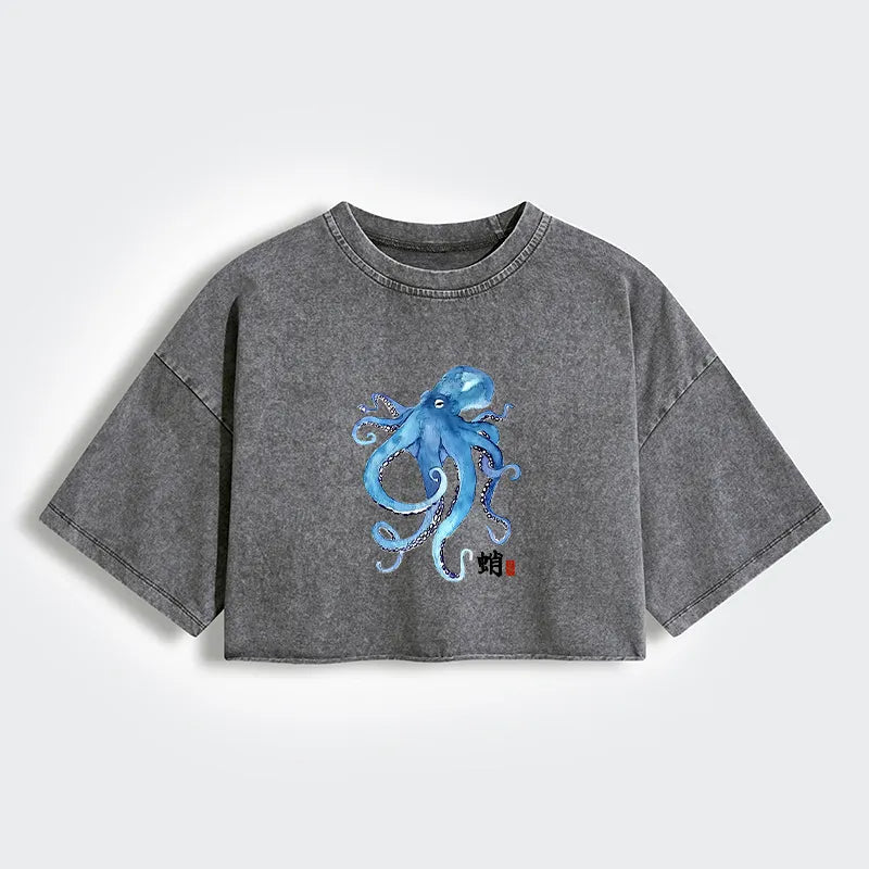 Kyoto-Lion Watercolor Blue Octopus Women's Washed Crop T-Shirt