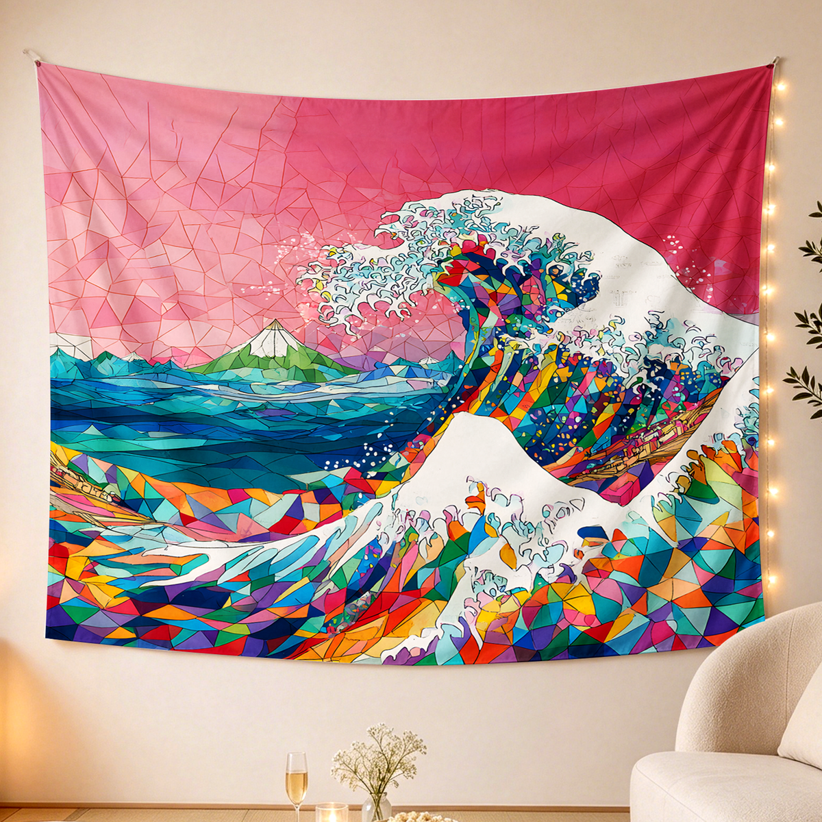 Kyoto-Lion Colorful Prismatic Wave Tapestry
