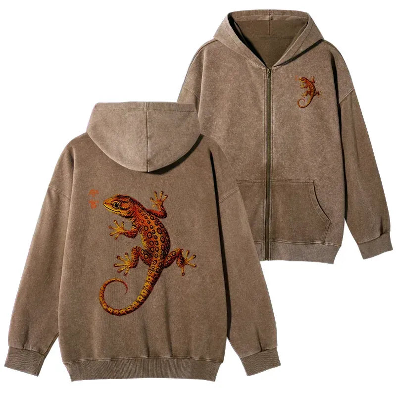 Kyoto-Lion Retro Gecko Funny Washed Zip Hoodie