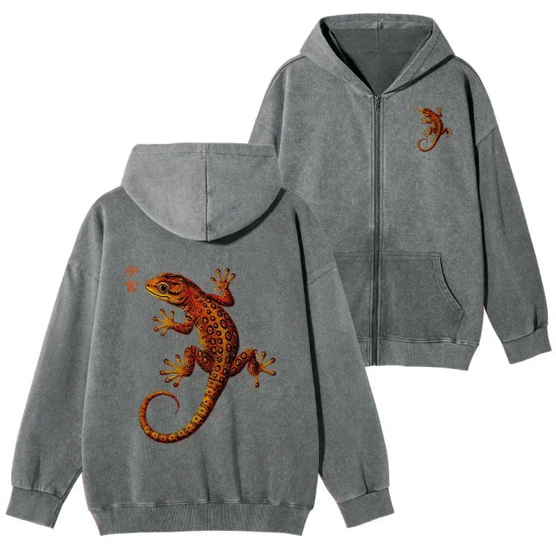 Kyoto-Lion Retro Gecko Funny Washed Zip Hoodie