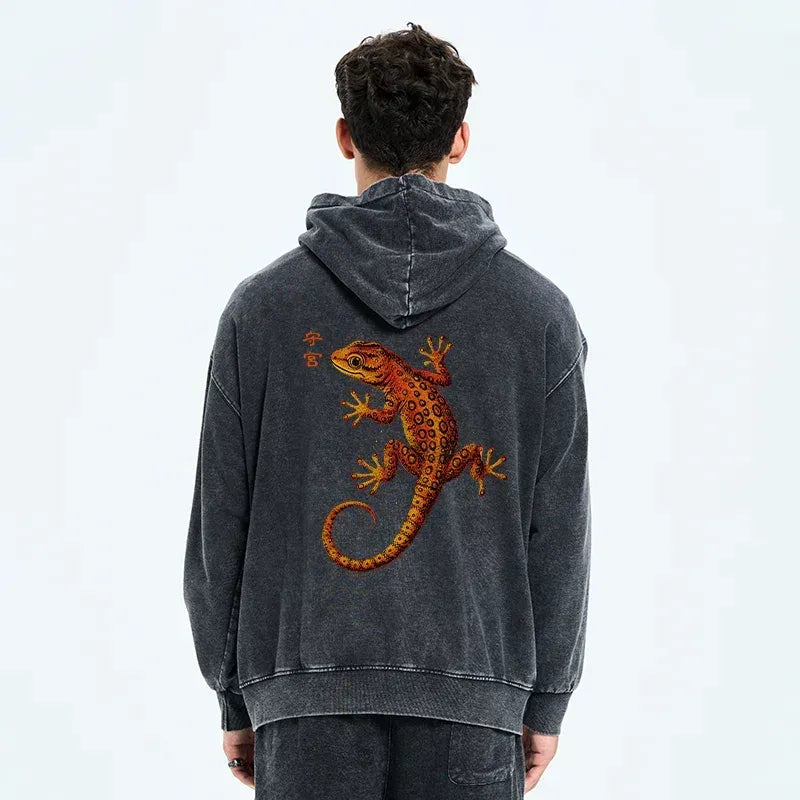 Kyoto-Lion Retro Gecko Funny Washed Zip Hoodie