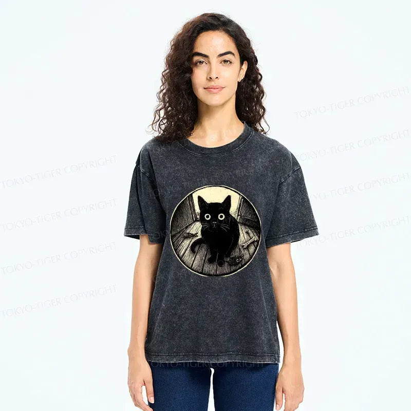 Kyoto-Lion Waiting Black Cat Washed T-Shirt