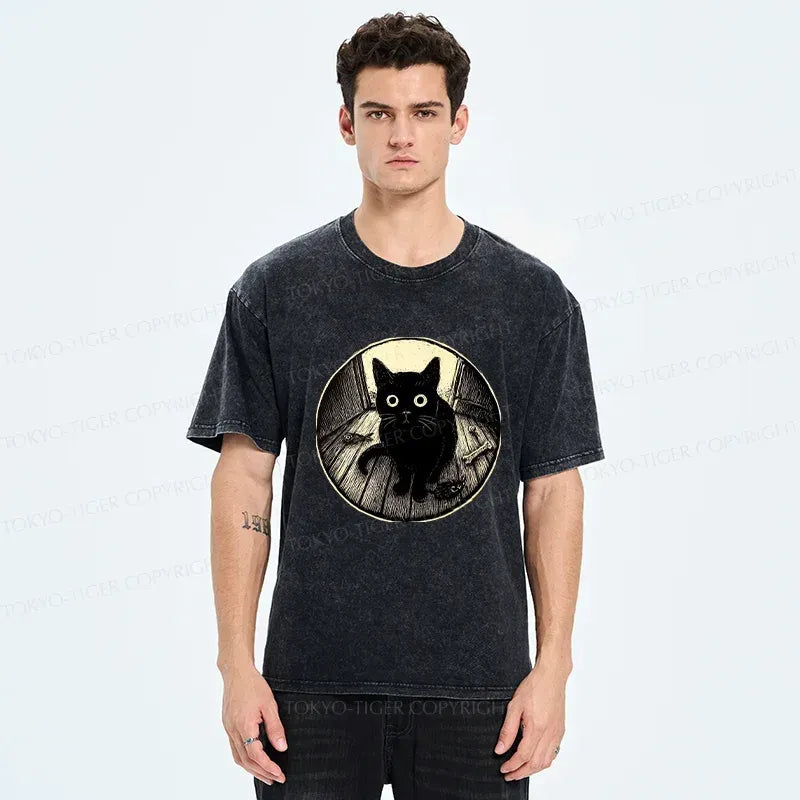 Japanese Black Cat Washed T-Shirt