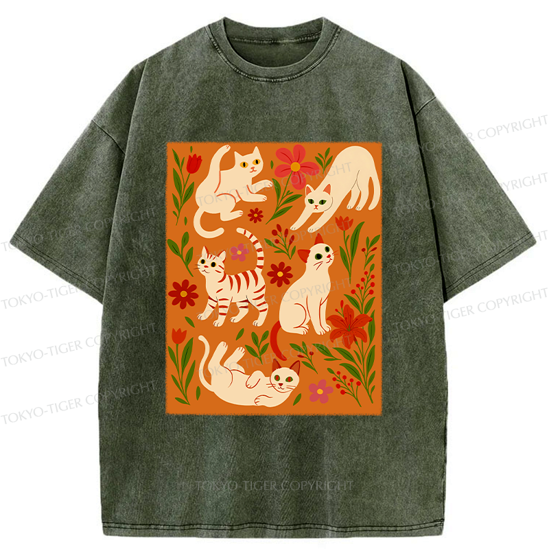Kyoto-Lion Cats And Flowers Washed T-Shirt