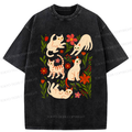 Kyoto-Lion Cats And Flowers Washed T-Shirt