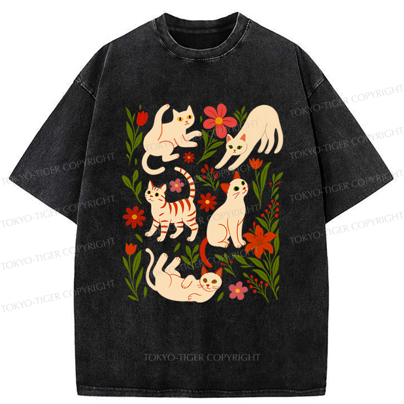 Kyoto-Lion Cats And Flowers Washed T-Shirt