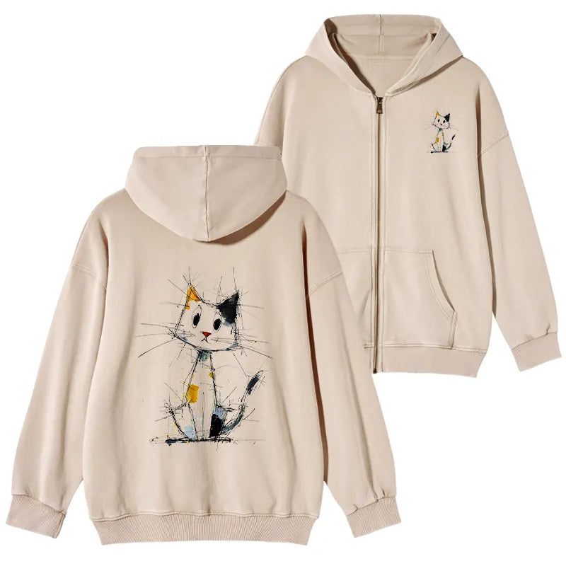 Kyoto-Lion Minimal Splash Ink Cute Cat Washed Zip Hoodie