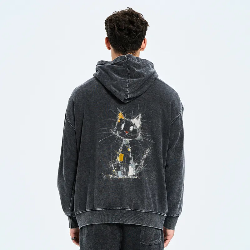 Kyoto-Lion Minimal Splash Ink Cute Cat Washed Zip Hoodie