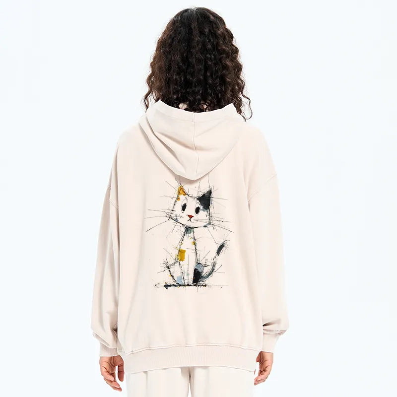 Kyoto-Lion Minimal Splash Ink Cute Cat Washed Zip Hoodie