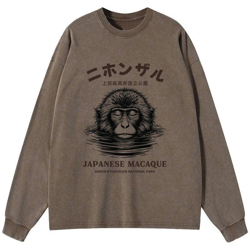 Kyoto-Lion The Macaque Monkey In The Bath Japanese Washed Long Sleeve T-Shirt