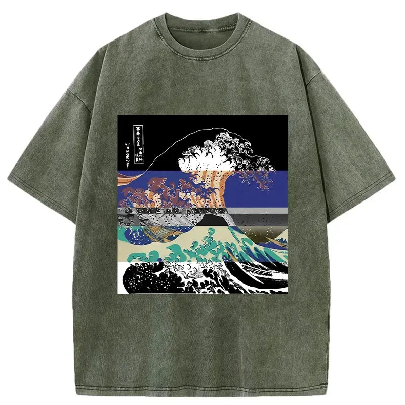 Kyoto-Lion Ukiyo-e Style Waves Washed T-Shirt
