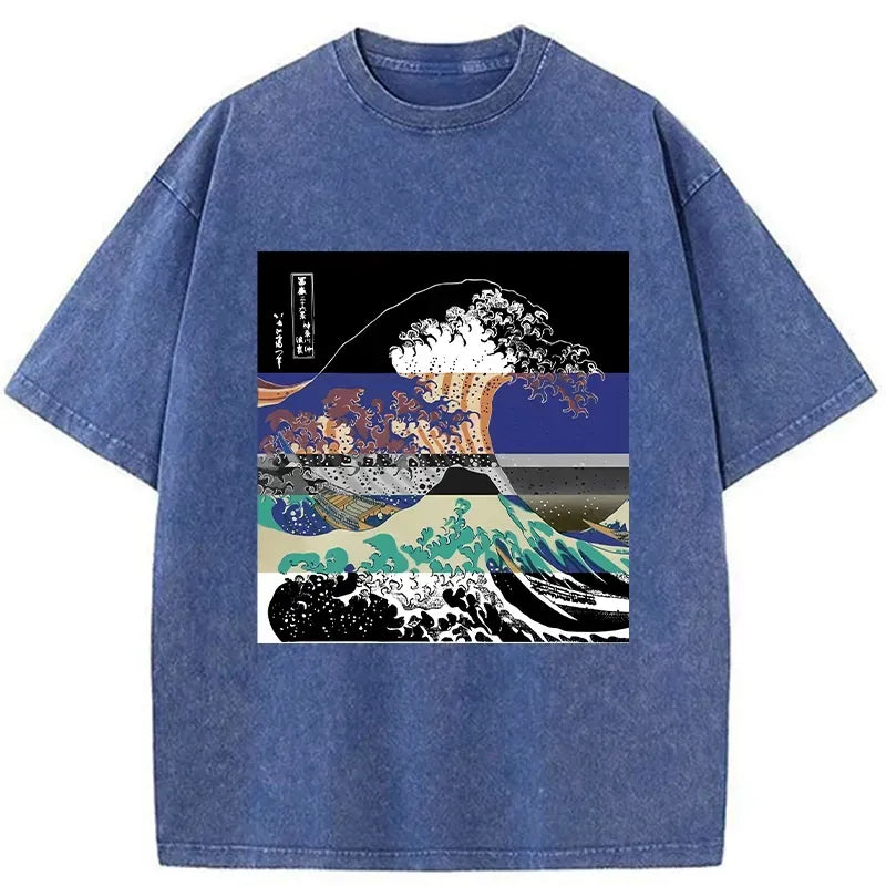 Kyoto-Lion Ukiyo-e Style Waves Washed T-Shirt