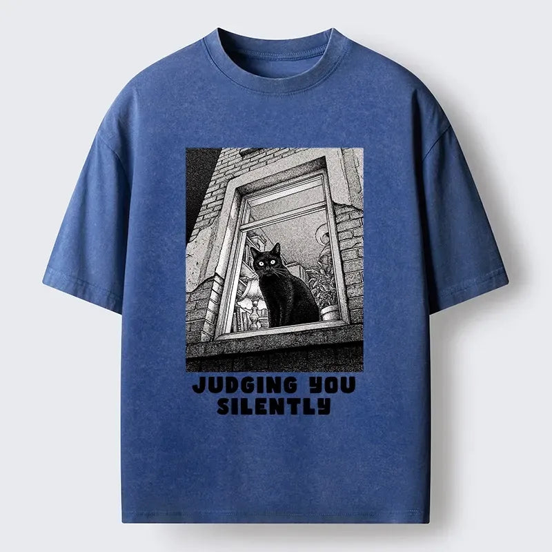 Vintage Washed Black Cat T-Shirt for Streetwear