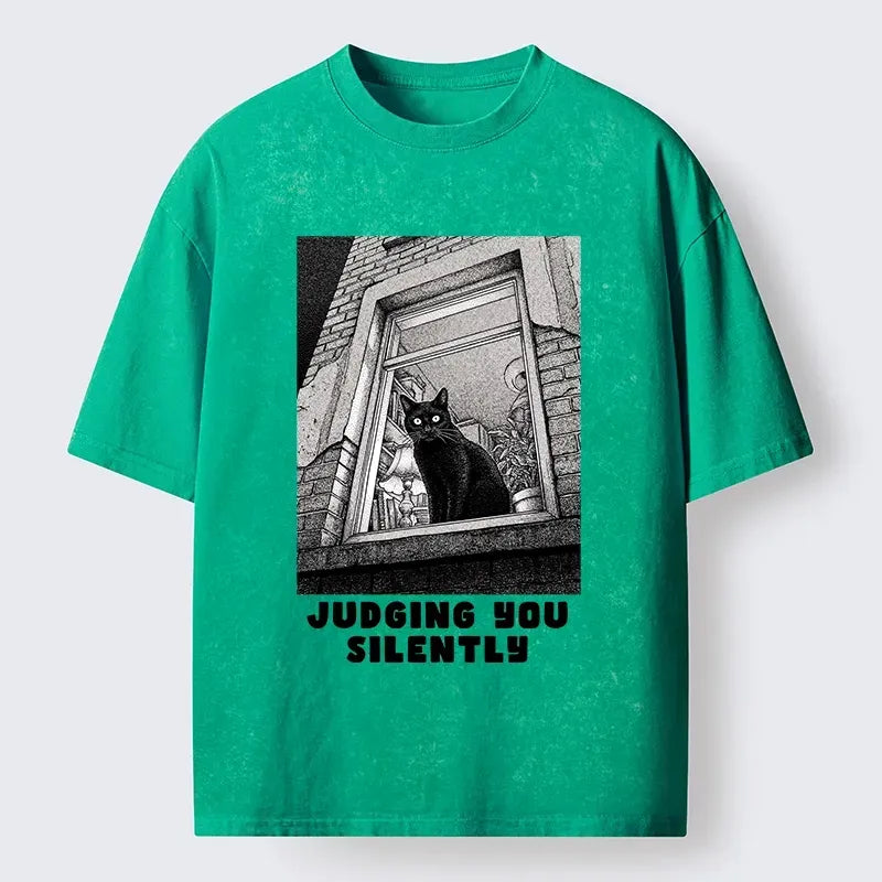 Kyoto-Lion The Judging Black Cat Washed T-Shirt