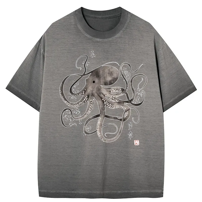 Kyoto-Lion Octopus Japanese Calligraphy Gradient Washed T-Shirt