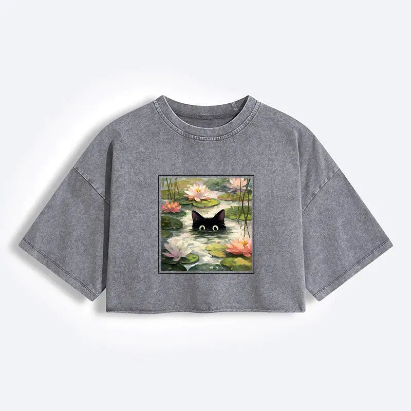 Kyoto-Lion Black Cat and Lotus Flower Women's Washed Crop T-Shirt