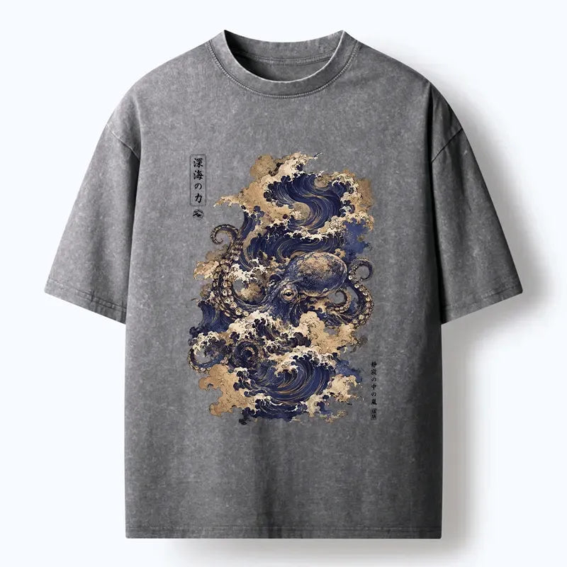 Kyoto-Lion Mystic Deep Sea Force Octopus Washed T-Shirt