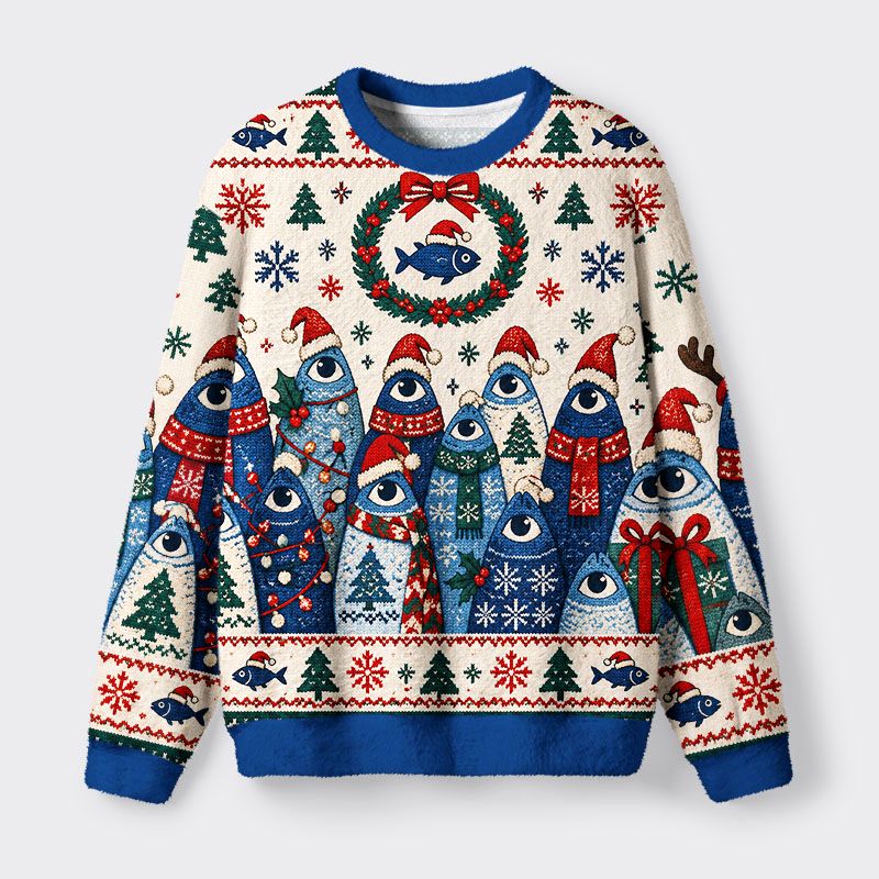 Kyoto-Lion Santa Hat Fish Gang Fuzzy Christmas Ugly Sweatshirt