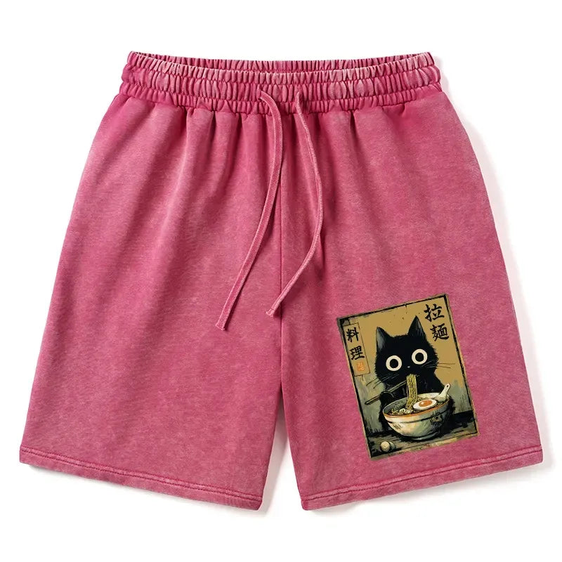 Kyoto-Lion Cute Black Cat Eating Ramen Japan Washed Shorts