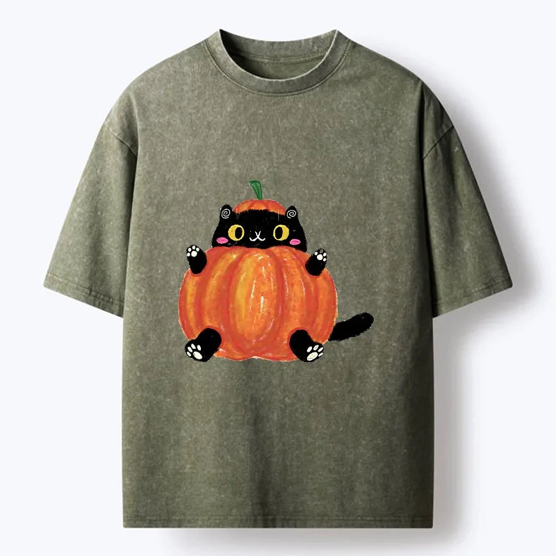 Kyoto-Lion Cute Pumpkin Cat Art Washed T-Shirt