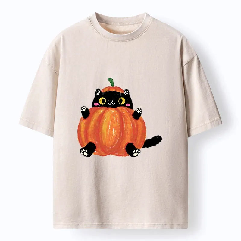 Kyoto-Lion Cute Pumpkin Cat Art Washed T-Shirt