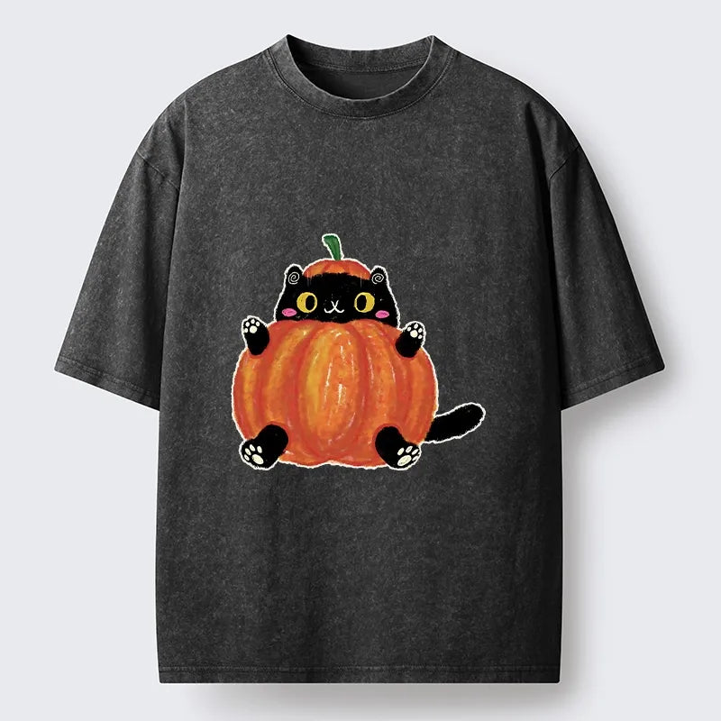 Kyoto-Lion Cute Pumpkin Cat Art Washed T-Shirt