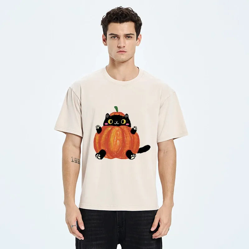 Kyoto-Lion Cute Pumpkin Cat Art Washed T-Shirt