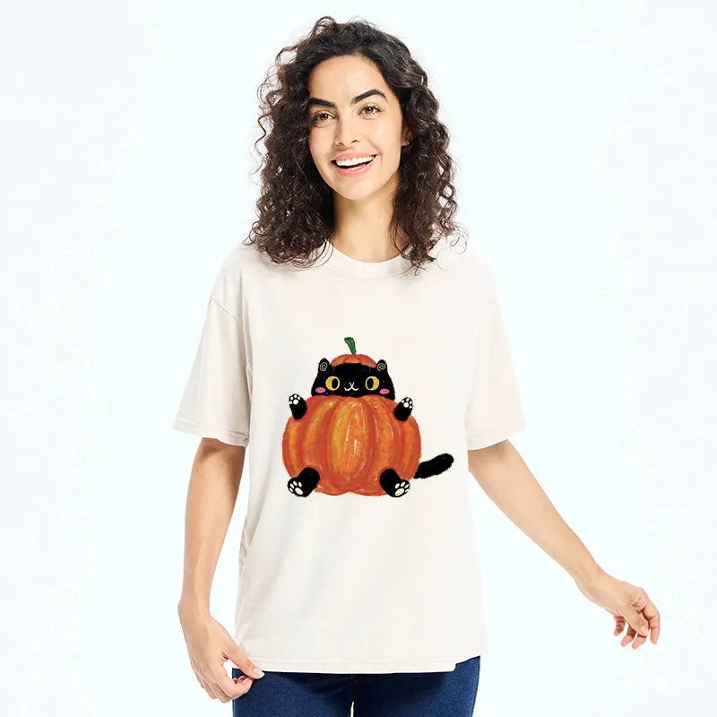 Kyoto-Lion Cute Pumpkin Cat Art Washed T-Shirt