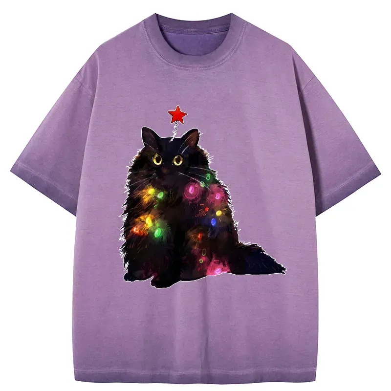 Kyoto-Lion Christmas Lights Cat Gradient Washed T-Shirt