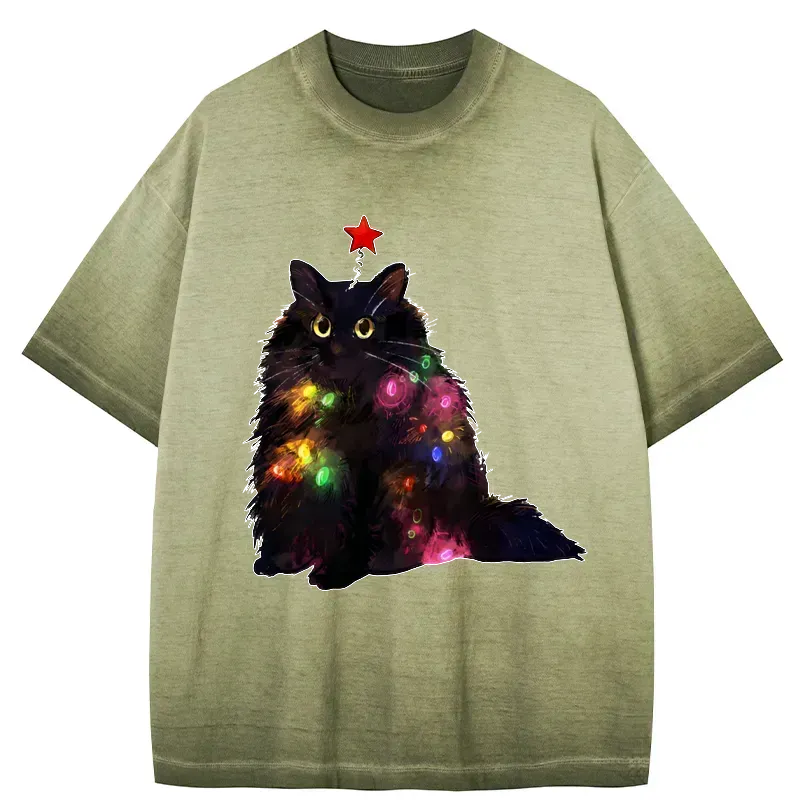 Kyoto-Lion Christmas Lights Cat Gradient Washed T-Shirt