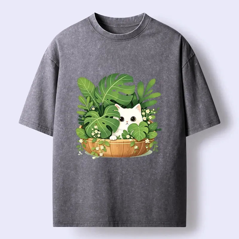 Washed White Cat T-Shirt for Daily Wear