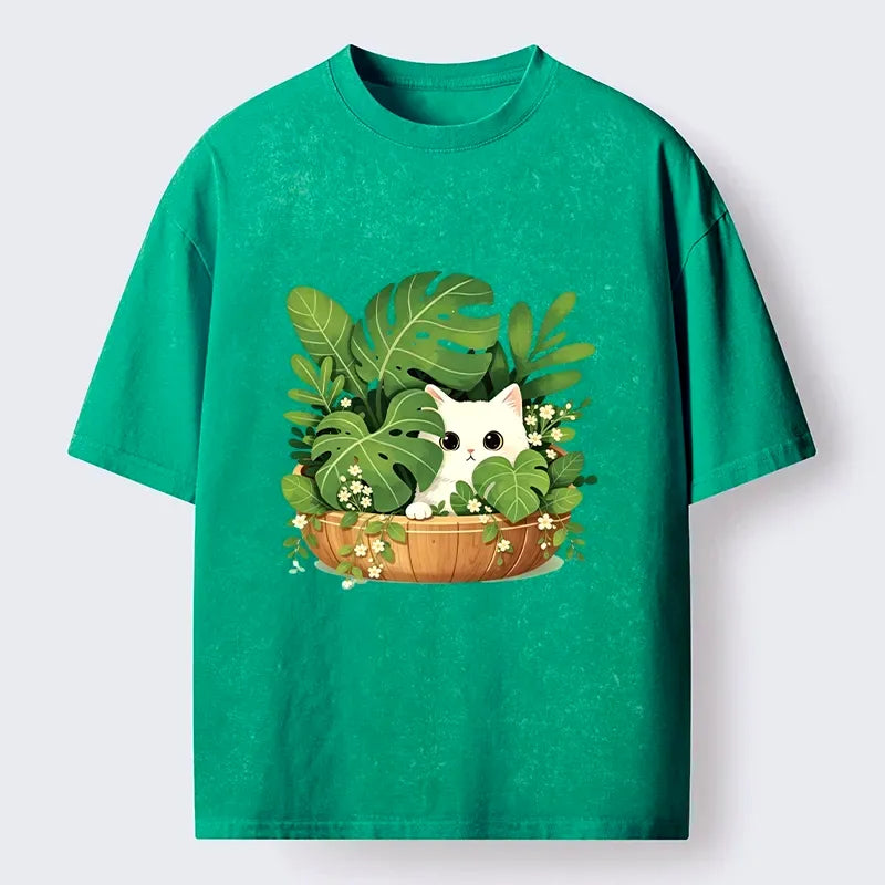 Kyoto-Lion Sweet White Cat Green Plant Vibe Washed T-Shirt