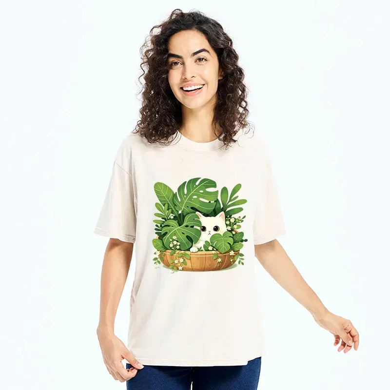 Japanese Cat Green Plant Vibe Tee
