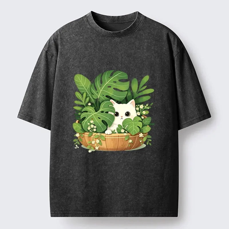 Kyoto-Lion Sweet White Cat Green Plant Vibe Washed T-Shirt