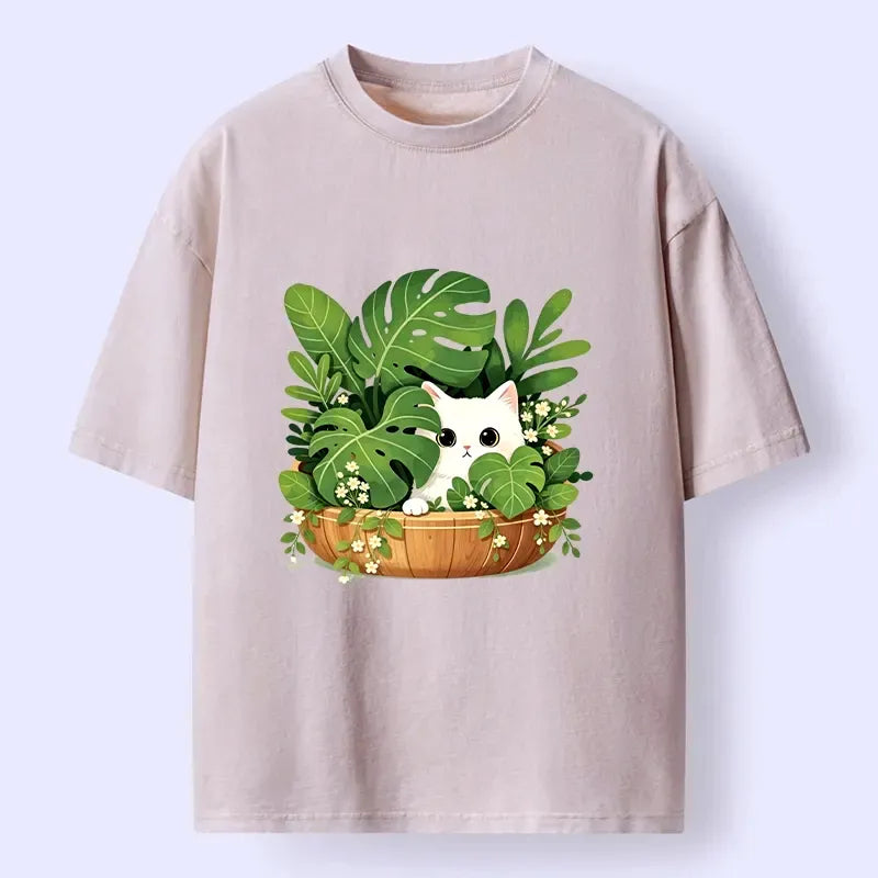 Washed White Cat T-Shirt for Daily Wear