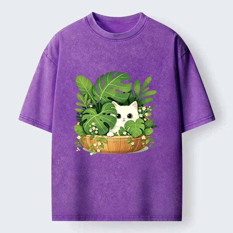 Kyoto-Lion Sweet White Cat Green Plant Vibe Washed T-Shirt