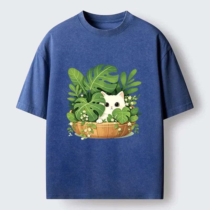 Washed White Cat T-Shirt for Daily Wear