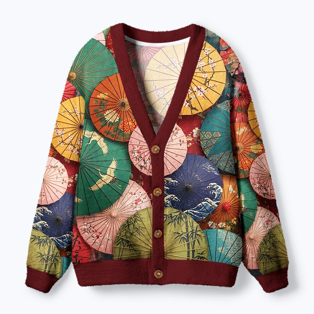 Kyoto-Lion Japanese Oil Umbrellas Ugly Cardigan Sweater