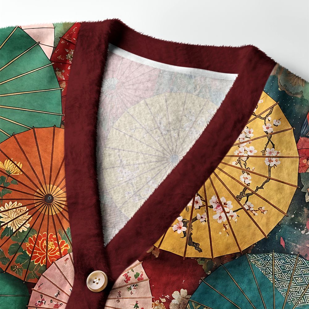 Kyoto-Lion Japanese Oil Umbrellas Ugly Cardigan Sweater