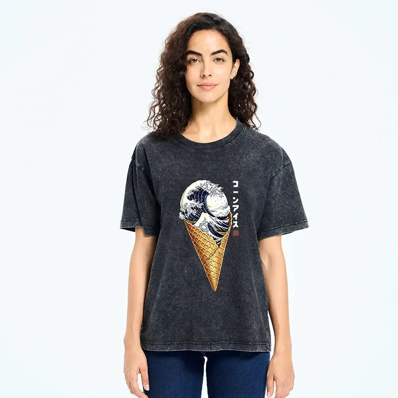 Kyoto-Lion Creative Sea Wave Ice Cream Washed T-Shirt