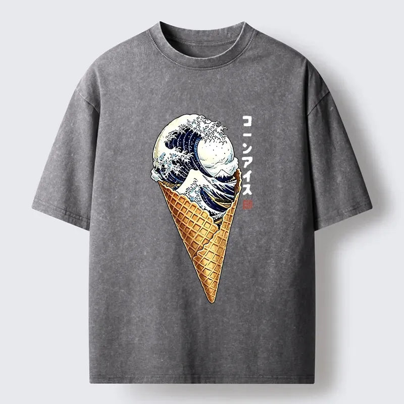 Kyoto-Lion Creative Sea Wave Ice Cream Washed T-Shirt