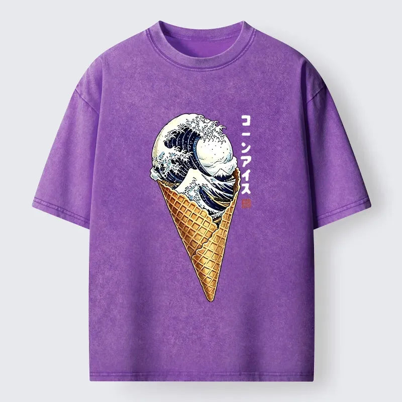 Kyoto-Lion Creative Sea Wave Ice Cream Washed T-Shirt
