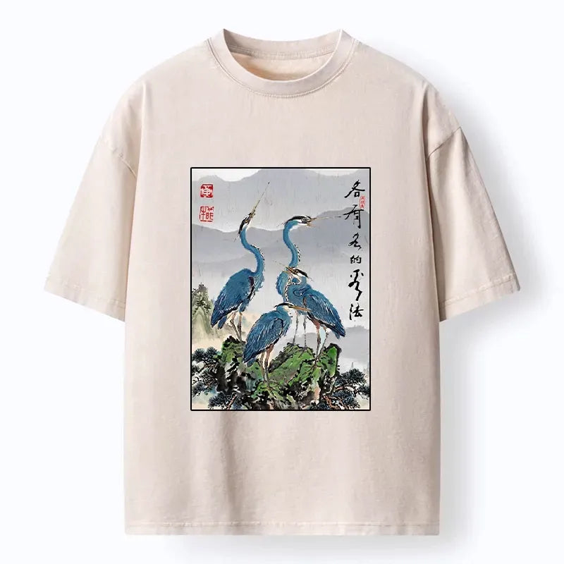 Kyoto-Lion Cranes On Rock Zen Nature Washed T-Shirt