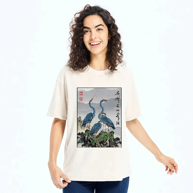 Kyoto-Lion Cranes On Rock Zen Nature Washed T-Shirt